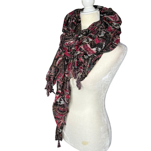 Boho Paisley Scarf Tassels Black Red Oversize Wrap Beach Cover Up Hip Scarf OS - Picture 1 of 5